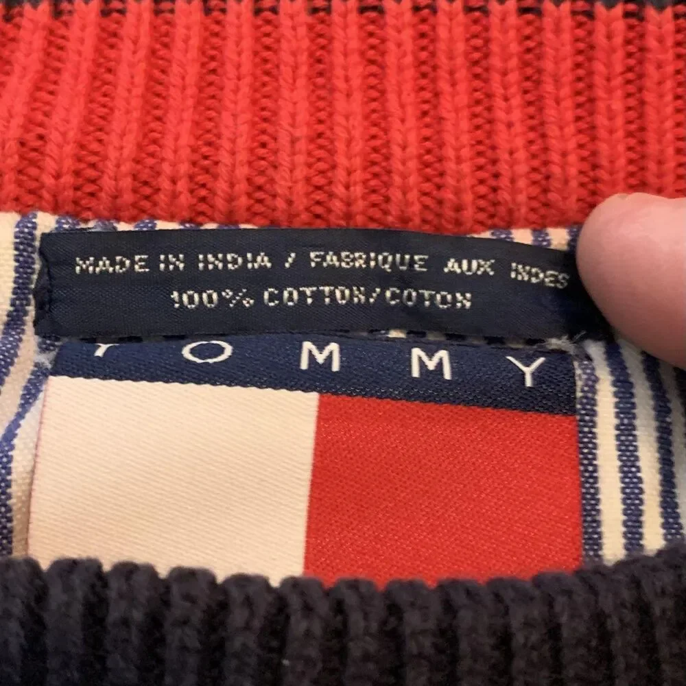 Tommy Hilfiger Sweater Mens Medium Navy Striped V Neck‎ Cotton Pullover Crest